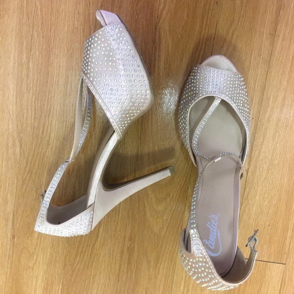 Champagne Rhinestone Peep Toe 5" High Heels
